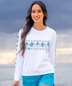 Row Of Palms - White Long Sleeve Crewneck T-Shirt