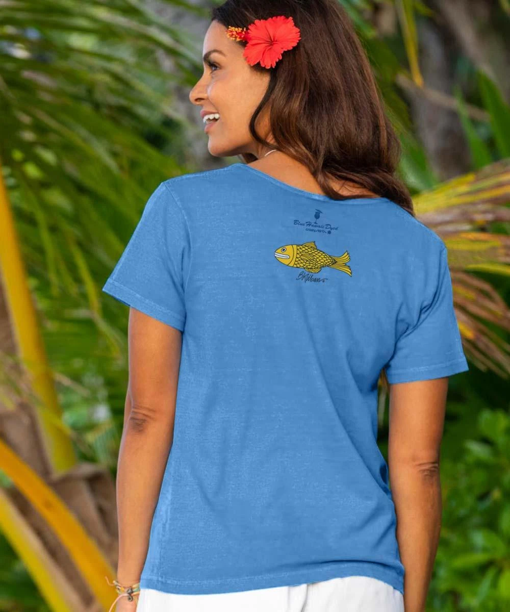B. Kliban Tea Cat - Blue Hawaii Dyed Short Sleeve Scoop Neck T-Shirt 2 B. Kliban Tea Cat - Blue Hawaii Dyed Short Sleeve Scoop Neck T-Shirt - Image 2
