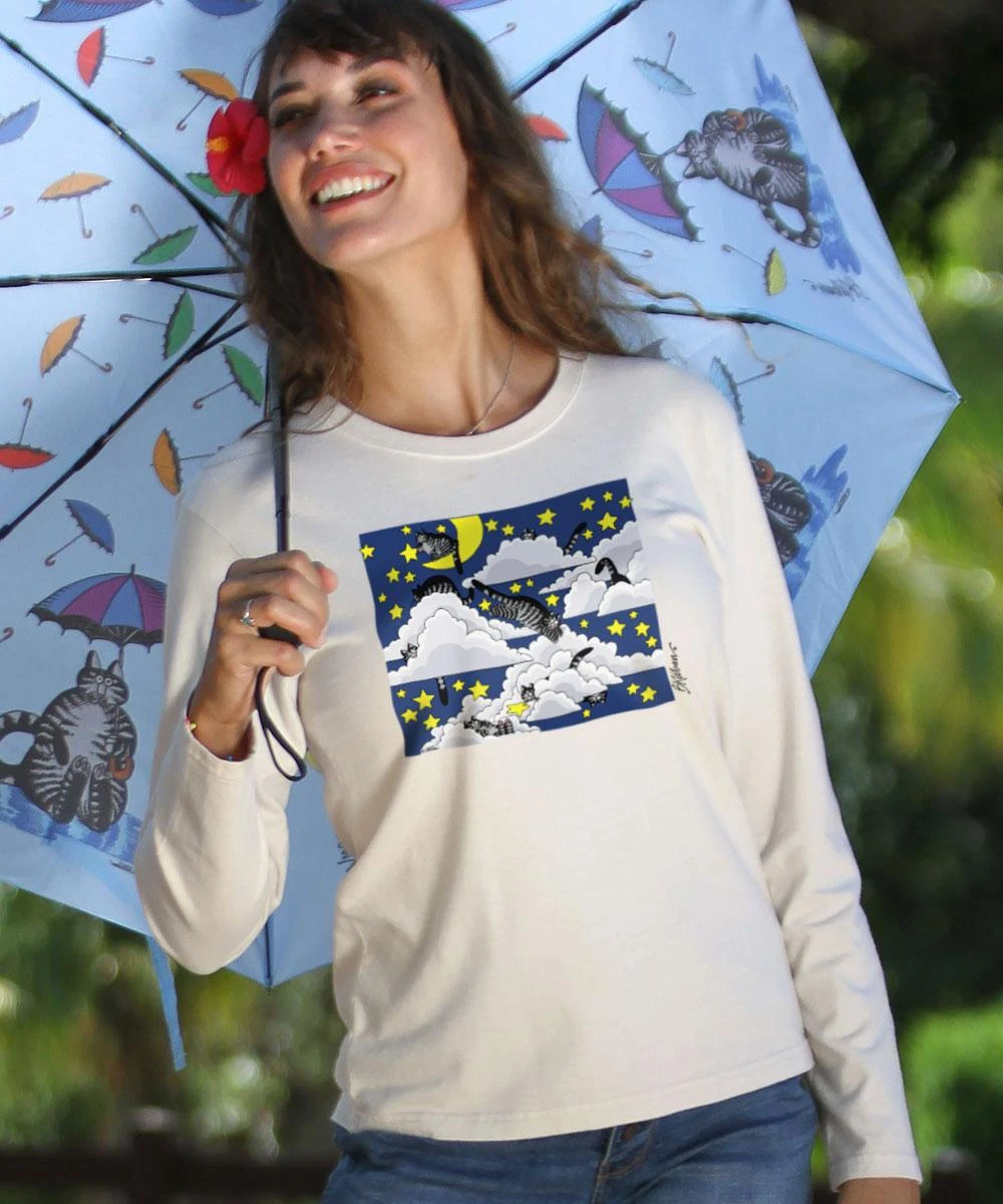 B. Kliban Cats In Clouds - Coconut Dyed Long Sleeve Crewneck T-Shirt 1 B. Kliban Cats In Clouds - Coconut Dyed Long Sleeve Crewneck T-Shirt