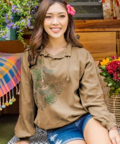 Polynesian Monstera - Kona Coffee Dyed Long Sleeve Lightweight Pullover