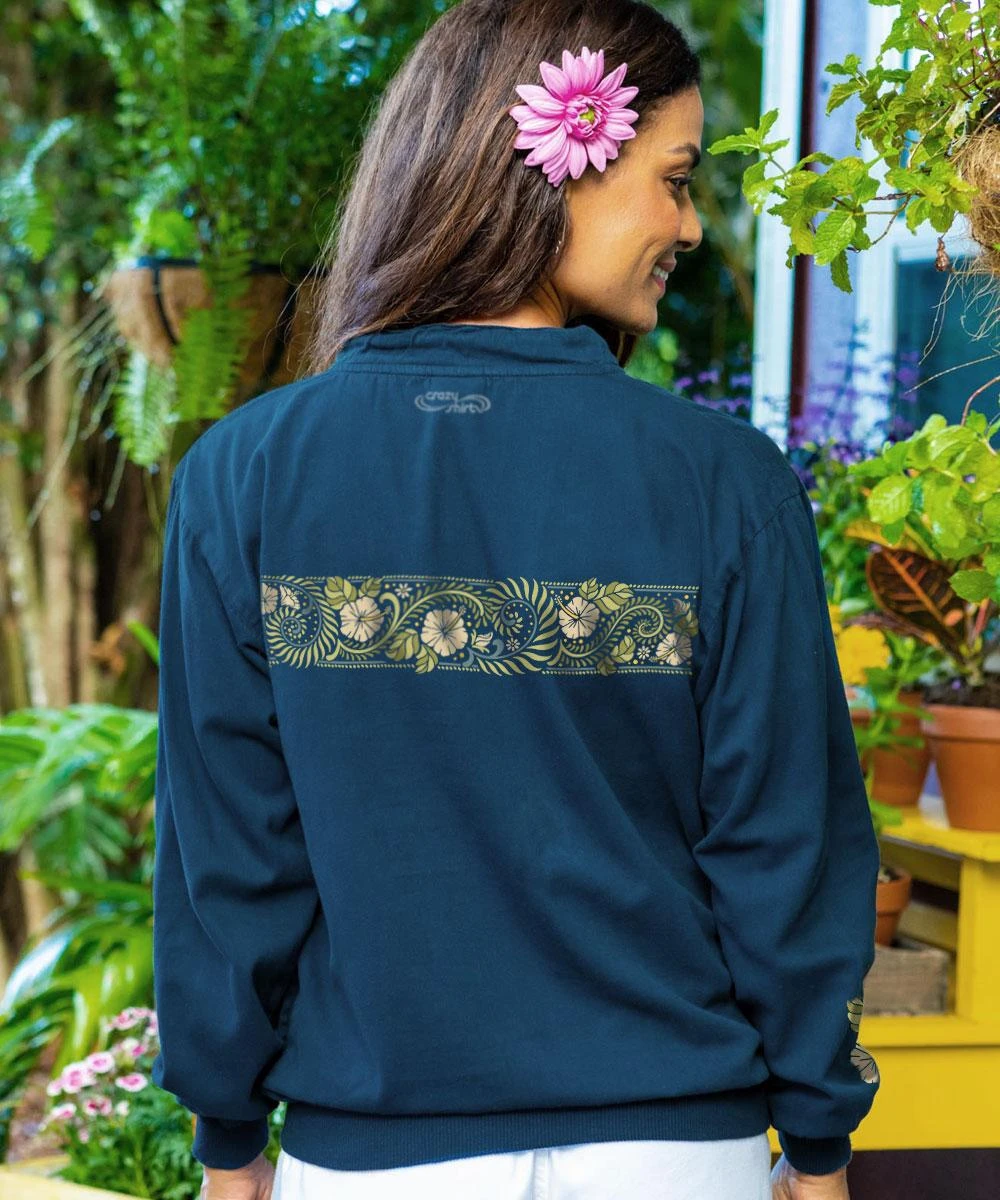 Hibiscus Vines - Navy Long Sleeve Lightweight Pullover 2 Hibiscus Vines - Navy Long Sleeve Lightweight Pullover - Image 2