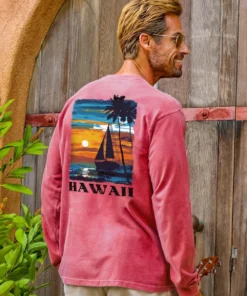 Tropical Sunset Sail - Paradise Red Dyed Long Sleeve Crewneck T-Shirt