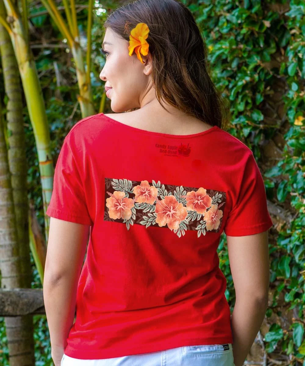 Hibiscus Sparkle - Candy Apple Red Dyed Short Sleeve Scoop Neck T-Shirt 2 Hibiscus Sparkle - Candy Apple Red Dyed Short Sleeve Scoop Neck T-Shirt - Image 2