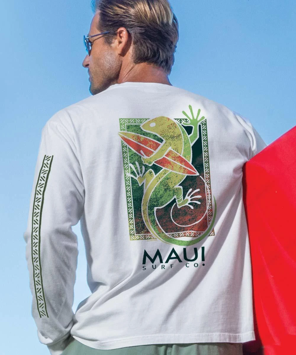 Maui Surf Co. Green Gecko - White Long Sleeve Crewneck T-Shirt 1 Maui Surf Co. Green Gecko - White Long Sleeve Crewneck T-Shirt