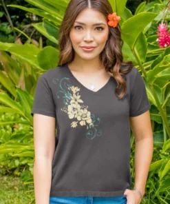 Elegant Floral - Graphite Short Sleeve Pima V-Neck T-Shirt