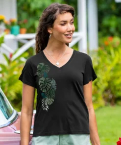 Misty Monstera - Jet Black Short Sleeve Pima V-Neck T-Shirt