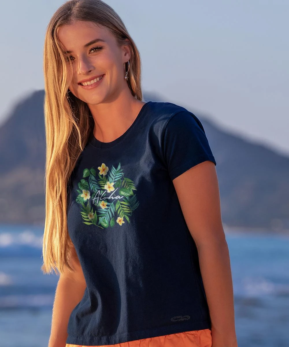 Plumeria Aloha - Navy Short Sleeve Crewneck T-Shirt 1 Plumeria Aloha - Navy Short Sleeve Crewneck T-Shirt
