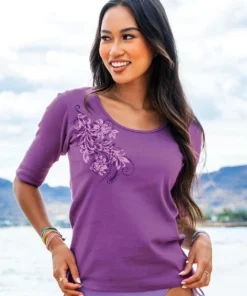 Leihua - Violet Short Sleeve Banded Rib Knit T-Shirt