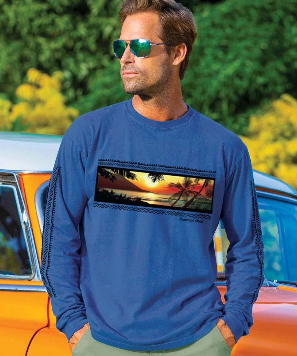 Diamond Head Sunset Band - Blueberry Dyed Long Sleeve Crewneck T-Shirt 1 Diamond Head Sunset Band - Blueberry Dyed Long Sleeve Crewneck T-Shirt