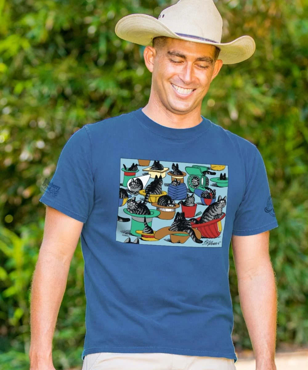 B. Kliban Cats In Hats - Blueberry Dyed Short Sleeve Crewneck T-Shirt 1 B. Kliban Cats In Hats - Blueberry Dyed Short Sleeve Crewneck T-Shirt