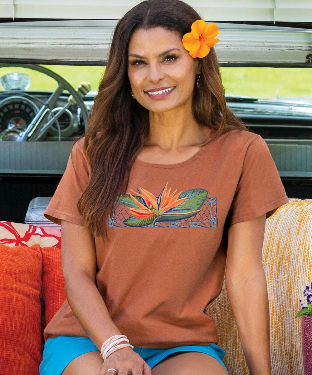 Bird Of Paradise - Cinnamon Dyed Short Sleeve Scoop Neck T-Shirt 1 Bird Of Paradise - Cinnamon Dyed Short Sleeve Scoop Neck T-Shirt