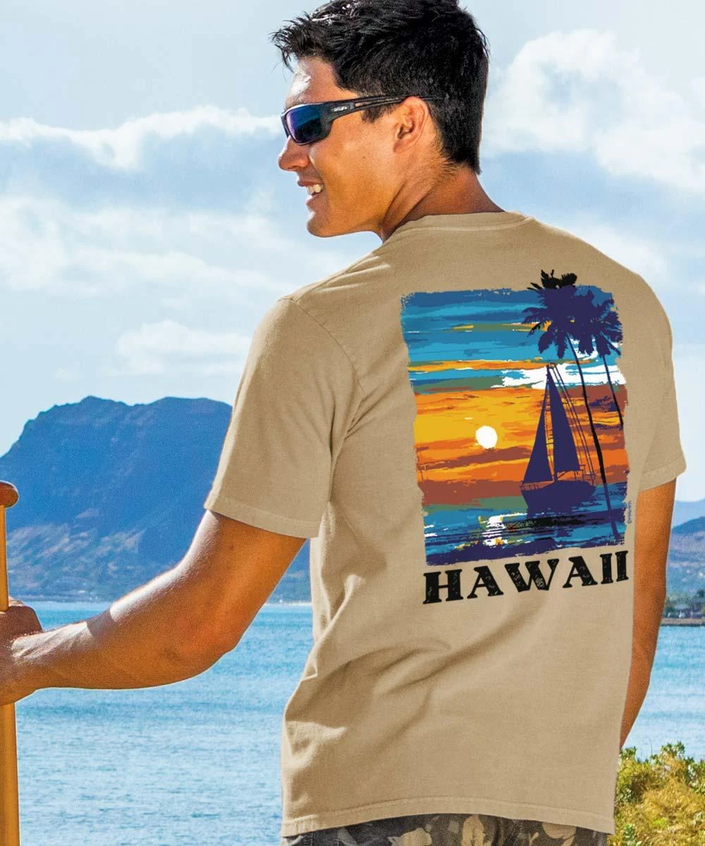 Tropical Sunset Sail - Kona Coffee Dyed Short Sleeve Crewneck T-Shirt 1 Tropical Sunset Sail - Kona Coffee Dyed Short Sleeve Crewneck T-Shirt