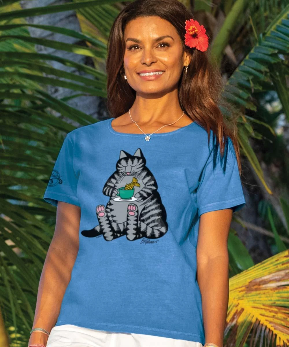 B. Kliban Tea Cat - Blue Hawaii Dyed Short Sleeve Scoop Neck T-Shirt 1 B. Kliban Tea Cat - Blue Hawaii Dyed Short Sleeve Scoop Neck T-Shirt