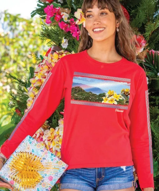 Kaena Point Plumeria - Candy Apple Red Dyed Long Sleeve Crewneck T-Shirt -Outlet Tropical T-Shirt Store bcd52840 d608 41ec a780 b1f1aedef930