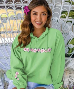 Tropical Hibiscus Lei - Key Lime Dyed Long Sleeve Lightweight Pullover